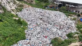 Hiện trường, khoảng 4.800m2 đất bị tập kết lượng lớn rác thải, bốc mùi hôi thối, gây ảnh hưởng nghiêm trọng đến môi trường.