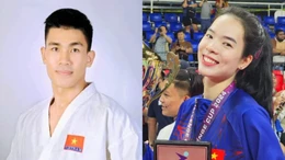 Lê Thanh Thúy và Lê Minh Thuận cầm cờ cho Đoàn Thể thao Việt Nam tại SEA Games 33