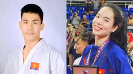 Lê Thanh Thúy và Lê Minh Thuận cầm cờ cho Đoàn Thể thao Việt Nam tại SEA Games 33